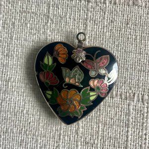 Vintage Cloisonne Heart Pendant w/butterflies